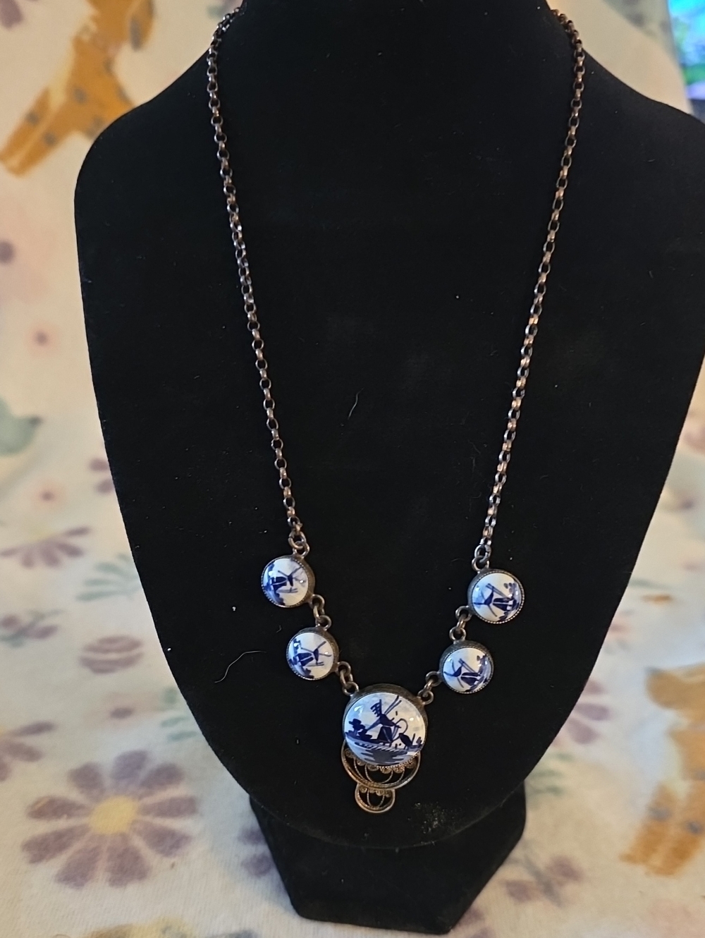 vintage-style blue-and-white Delft porcelain necklace